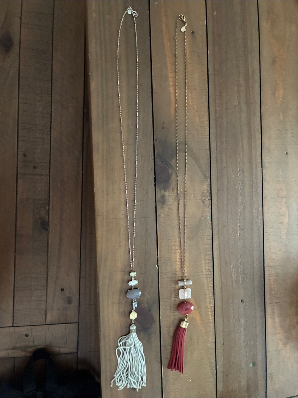 LOFT Long Beaded Tassel Necklace Pair in Cream and Red